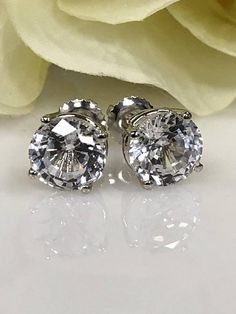 Round Brilliant Earrings 4.00ctw. White Sapphire  Stud Screw Backs in Solid 14k White Gold  #5453 Earring Backs