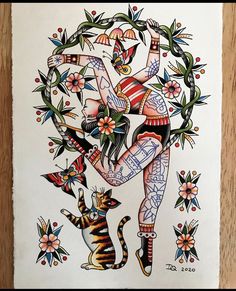 a drawing of a woman with tattoos on her arms and legs holding a cat in front of flowers