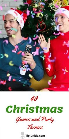 two people in santa hats and red sweaters are playing with confetti while the text reads 40 christmas games and party themes