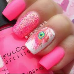 Pink peacock feather finger nail. Peacock Nail Art, Pink Nail Art Designs, Pink Peacock, Pink Nail Art, Get Nails, Cute Nail Art