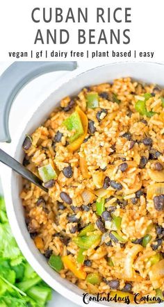 a white bowl filled with rice and beans next to lettuce on the side