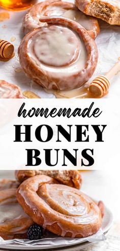 homemade honey buns on a plate with honey in the background and text overlay that reads homemade honey buns