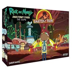 a cartoon character is standing in front of an animation park board game box with the title, anatomy park