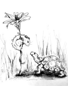 a drawing of a mouse and a tortoise sniffing each other's tail