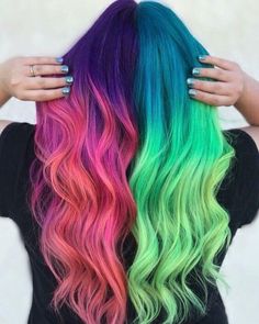 Rainbow Hair Medium Length, Vivid Hair, Split Dyed Hair, Galaxy Hair, Creative Hair Color