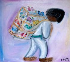 a painting of a child carrying a bag with birds all over it's back