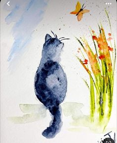 a watercolor painting of a cat looking at a butterfly