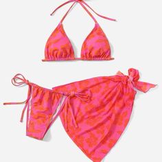 Nwot Floral Hot Pink Triangle Bikini 3 Piece Suit W/ Top Bottom And Skirt/Sarong Perfect For Summer Or Any Warmer Weather Destinations Pink Tie-side Bottom Swim Skirt For Vacation, Fitted Tie-side Bottom Sarong For Beachwear, Fitted Tie-side Sarong For Poolside, Fitted Vacation Sarong, Fitted Tie-side Sarong For Beachwear, Pink Swim Skirt For Vacation, Pink Tie-side Swim Skirt For Summer, Beachy Fitted Sarong For Vacation, Fitted Tropical Sarong For Beach Season