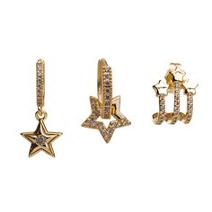 Shine bright with the Trio Gold & Diamond Sparkly Star Earrings, a set of three stunning earrings crafted in 18k gold plating. This trio set includes two elegant hoops and one dazzling star-shaped earring, each adorned with sparkling CZ diamonds. Perfect for mixing and matching, this set adds a touch of celestial glamour to any outfit. Whether for a night out or adding sparkle to your everyday style, these earrings will make you feel effortlessly chic. Details 18k gold plated on brass Cz Diamonds Avoid contact with chemicals, makeup, parfume. Do not use dips or abrasive cleaners on earrings. To clean and brighten it up your earrings, wipe them gently with jewelry polishing cloth. Stocking Fillers For Her, Forever Jewelry, Earring Crafts, Jewelry Ring Box, Men's Jewelry Rings, Stunning Earrings, Polish Jewelry, Jewelry Earrings Hoops, Star Earrings