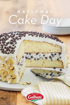 a white cake with chocolate chips on top and the words national cake day above it