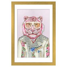 a painting of a white tiger wearing sunglasses and a jacket with pink flowers on it