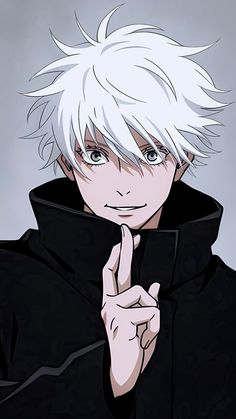 an anime character with white hair wearing a black hoodie and pointing to the side