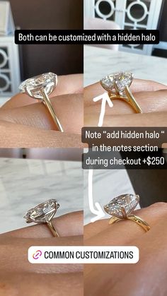 three pictures showing how to choose the right diamond ring for your engagement or bridal