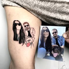 a woman's leg with two pictures on it and a man holding a dog