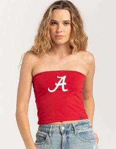 Hype And Vice The University Of Alabama Tube Top. Graphic Screened On Front. Made With A Double Layer Of Ultra Soft Cotton Spandex. Sleeveless. Cropped Length. 95% Cotton, 5% Spandex. Machine Wash. Imported. Model Is Wearing A Size Small. Model Measurements:height: 5'7" Bust: 29"waist: 22"hips: 34.5" Flannel Sweatshirt, Graphic Trends, The University Of Alabama, Cargo Skirt, University Of Alabama, Open Knit Sweater, Boy Tees, Metallic Dress, Swimsuit Cover Ups