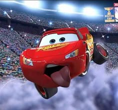 a cartoon character flying through the air in front of a stadium full of people and spectators