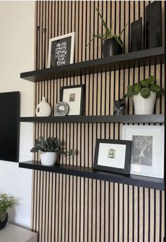 some black shelves with pictures and plants on them in a living room area that is decorated with striped wallpaper