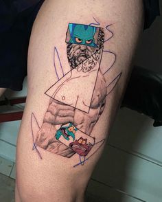 a man's leg with a tattoo on it that has an image of a person holding