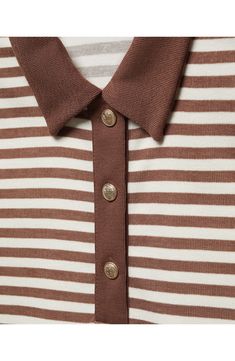 Etched buttons and crisp stripes bring regimental polish to this top cut from a fine, soft knit that's a welcome addition to any look. Button half placket Spread collar Long sleeves 80% polyester, 18% viscose, 2% elastane Machine wash, line dry Imported Classic Brown Tops With Striped Collar, Classic Striped Top With Button Closure, Fall Striped Tops With Button Closure, Collared Workwear Tops With Contrast Stripes, Collared Tops With Contrast Stripes For Work, Contrast Stripe Button-up Top For Work, Button-up Tops With Contrast Stripes For Work, Striped Button-up Tops With Button Closure, Striped Collared Tops With Buttons