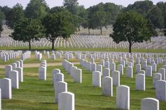 a large cemetery with rows of headstones and trees