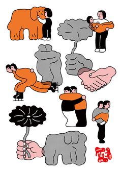 an image of people and animals in different poses with one person holding the other's hand