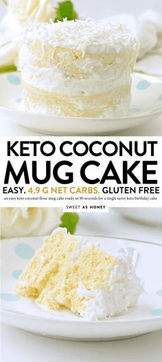 two plates with cake on them and the words keto coconut mug cake in front