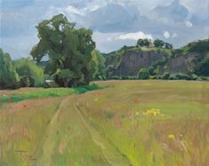 an oil painting of a field with trees in the background