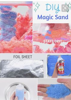 the instructions for how to make this diy magic sand with blue and pink colors