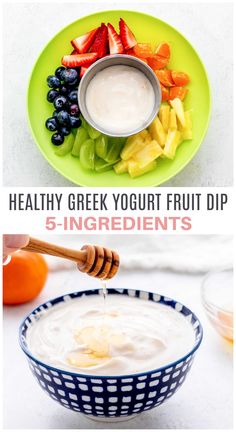 yogurt dip in a bowl with fruit on the side and text overlay that reads healthy greek yogurt fruit dip 5 ingredients