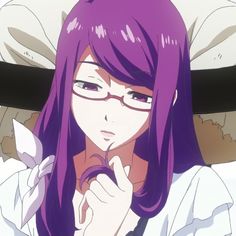 an anime character with purple hair and glasses