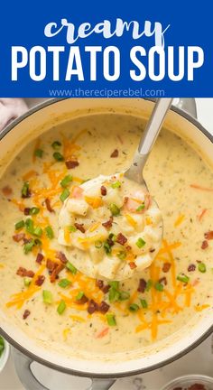 creamy potato soup in a pot with a spoon