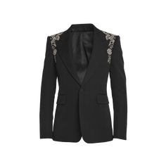 Alexander McQueen tuxedo jacket with floral embroidered harness  Peak lapels Single-button closure Hip flap pockets Four-button cuffs Center back vent Wool Dry clean Made in Italy Formal Embroidered Fitted Outerwear, Elegant Party Blazer With Floral Embroidery, Formal Tailored Blazer With Floral Embroidery, Elegant Tailored Embroidered Outerwear, Tailored Floral Embroidered Blazer For Formal Occasions, Luxury Embellished Long Sleeve Tuxedo, Semi-formal Embellished Long Sleeve Blazer, Embellished Long Sleeve Blazer For Semi-formal Occasions, Tailored Embroidered Blazer With Notch Lapel