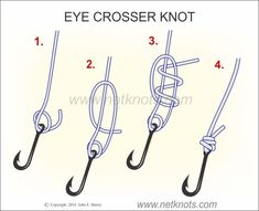 the diagram shows how to tie an eye cross knot on a fishing hook with hooks