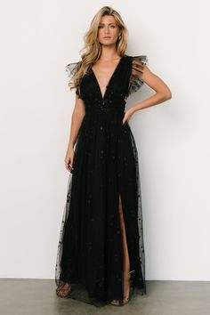 Nova Shimmer Maxi Dress | Black - Baltic Born Black Sparkle Dress Maxi, Black Velvet Bridesmaid Dresses Plus Size, Nye Formal Dresses, Western Formal Dresses Gown, Stunning Black Formal Dresses, Western Formal Dresses Long, Black Evening Wedding Dress, Dark Formal Dress Long, Modern Western Wedding Bridesmaid Dresses