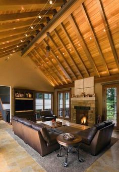 a living room filled with furniture and a fire place in the middle of a room