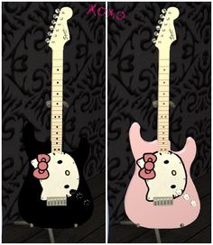 two guitars with hello kitty designs on them, one is pink and the other is black