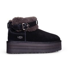 A Modern Take On The Iconic Classic Ultra Mini, This Bootie Reaches New Heights With A Tall Platform And A Broad Strap And Functional Buckle That Crosses The Curly Plush Upper. Plus, It's Lined With Uggplush, A Moisture-Wicking Textile Made From A Wool-Rich Blend But Crafted To Feel And Wear Like Genuine Shearling. * 2 1/4" Heel; 2" Platform (Size 7) * Treadlite By Ugg Outsole For Comfort * Metal Buckle, Functional Buckle * Suede Upper/Uggplush Wool-Blend Lining/Synthetic Sole * Imported Ugg Ultra Mini, Black Uggs, Black Boots Women, Womens Uggs, Ugg Shoes, Metal Buckles, Woman Colour, Rain Boots, Black Boots