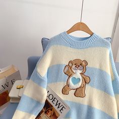 Collar: round neck Size: one size Color: pink, blue, yellow Playful Oversized Crew Neck Sweater, Oversized Playful Crew Neck Sweater, Casual Long Sleeve Sweater With Bear Print, Cute Crew Neck Knit Sweater, Bear Sweater, Pink Blue Yellow, Teenager Outfits, Lovely Clothes, Kawaii Clothes