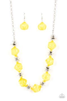 Flanked by faceted silver beads, shiny silver discs alternate with faceted and icy Daffodil beads along an invisible wire. Attached to a classic silver chain, the whimsical display creates a crackling pop of color below the collar. Features an adjustable clasp closure.

 Sold as one individual necklace. Includes one pair of matching earrings. Accessories Website, Yellow Necklace, Mixed Metal Jewelry, Paparazzi Accessories, Paparazzi Jewelry, Short Necklace, Trendy Accessories, Shiny Silver, Copper Jewelry