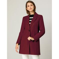 This coat is sure to bring a chic look to your style. This lightweight construction provides a comfortable layer, while details such as seam pockets and a one-button closure create a classic look. Vintage details are softened by a notched lapel and one button closure. Style this coat with jeans and a knit top. A solid color keeps this piece perfectly sophisticated, and a longer length hits at the thigh for a dramatic touch. Elegant Purple Blazer For Fall, Fall Office Burgundy Blazer, Winter Office Burgundy Blazer, Elegant Burgundy Outerwear For Work, Elegant Burgundy Semi-formal Outerwear, Fall Burgundy Office Blazer, Burgundy Office Blazer For Winter, Elegant Burgundy Blazer For Winter, Elegant Purple Outerwear For Fall