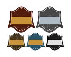 four shields with different colors and shapes