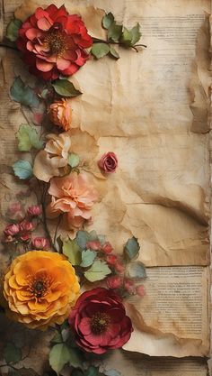 an old piece of paper with flowers on it