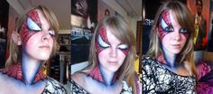 three pictures of a woman with spiderman makeup