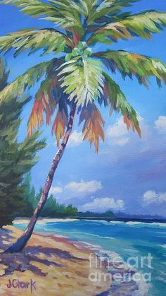 a painting of a palm tree on the beach