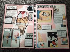 an open book with drawings and pictures on it's pages, including mickey mouse