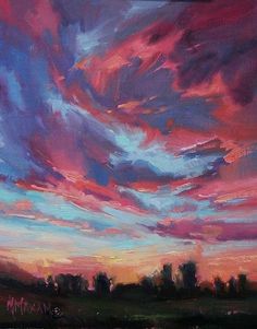 an oil painting of a sunset with clouds in the sky