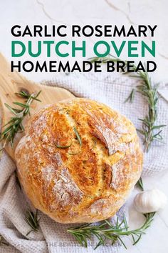 garlic rosemary dutch oven bread on a cutting board