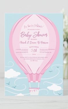 These beautiful hot air balloon baby shower invitations in pink have a portrait layout with a pink balloon on a blue sky.  The balloon is large with the custom invitation text in script font written on the balloon. Pink Invite, Pink Hot Air Balloon, Baby Shower Party Themes, Baby Shower Invitations Design, Baby Shower Pink, Pink Baby Shower Invitations, Summer Baby Shower, Spring Baby Shower, Baby Shower Invites