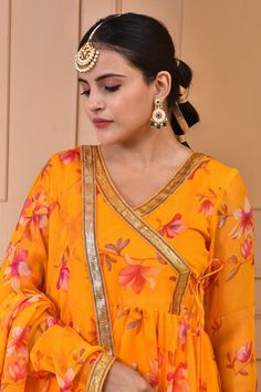 Yellow cotton angrakha anarkali with floral print and gota embroidery. Comes with churidar and a dupatta. - Aza Fashions Angrakha Anarkali, Gota Embroidery, Women Kurta, Churidar, Set Women, Floral Chiffon, Yellow Floral, Anarkali, Aza Fashion