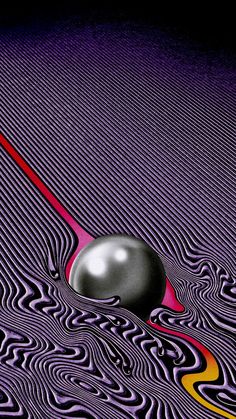 an image of a ball floating on top of a purple and red surface with wavy lines